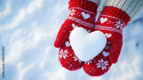 Hands in red mittens holding a snow heart on a snowy winter day