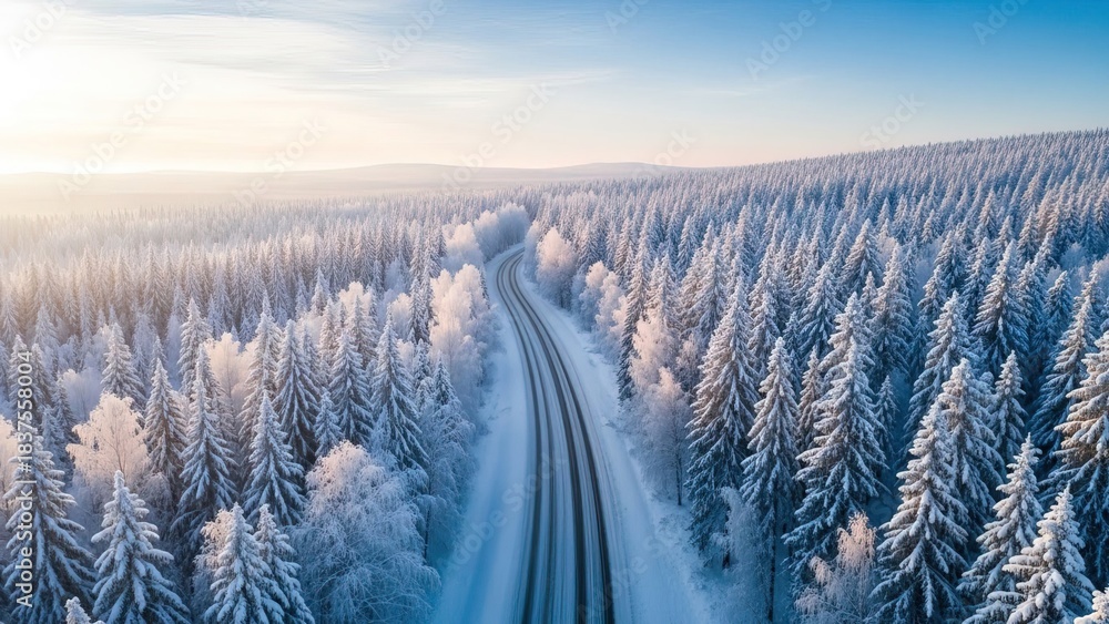 Naklejka premium Aerial view of a snowy forest with a winding road during winter