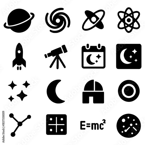 Astronomy Icons: A collection of meticulously crafted, minimalistic icons representing various astronomical concepts and elements, ideal for educational or scientific projects.