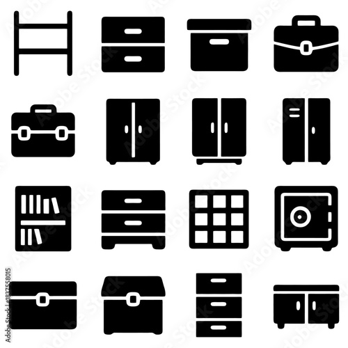 A Selection of Furnitures: A collection of various furnishing, depicting multiple furnishing styles for diverse functional purposes, all in clean, monochrome silhouettes. 