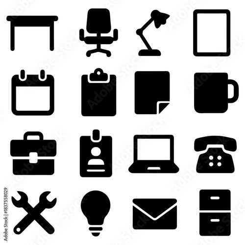 Office Equipment Icons: A curated collection of essential office equipment icons, each symbolizing the tools of productivity and modern work, set against a simple backdrop.