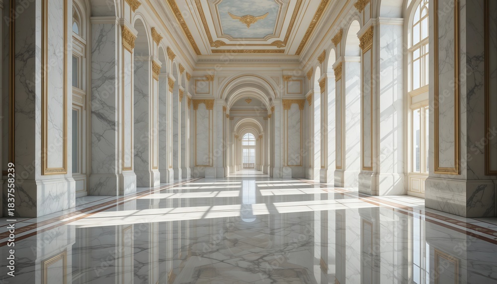 Fototapeta premium Grand marble palace hall with golden ornaments and sunlight reflection
