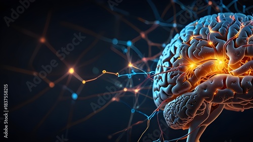 A detailed illustration of the human brain with glowing neural connections