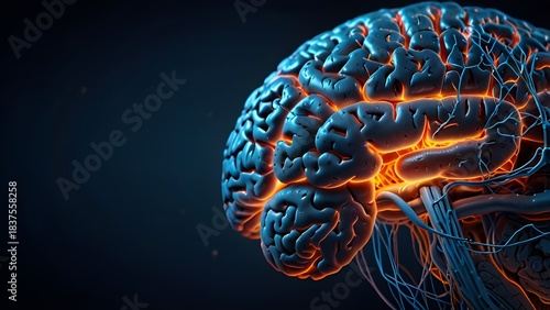 A detailed illustration of the human brain with glowing neural connections
