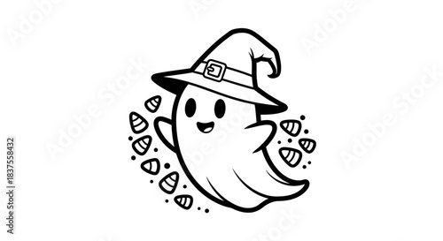 Adorable Halloween Ghost with Witch Hat and Candy Corn Decoration in Black and White