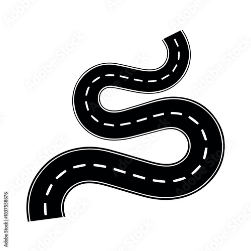 Black and white winding road vector illustration for travel journey or transportation design element use 100