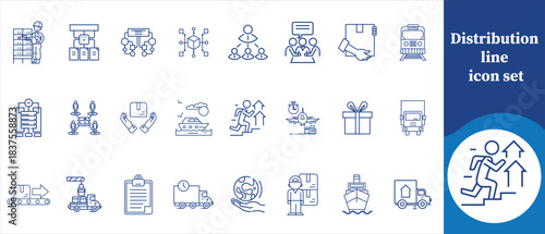 Distribution line icon set, plumbing, water, pipe, system, plant, valve, water pump, compressor, motor, steel, treatment, centrifuge, engine, sewer, station, construction and more