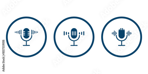 Microphone icon with sound waves. Voice recording symbol. Audio podcasting and broadcasting sign. Radio, studio communication pictogram.