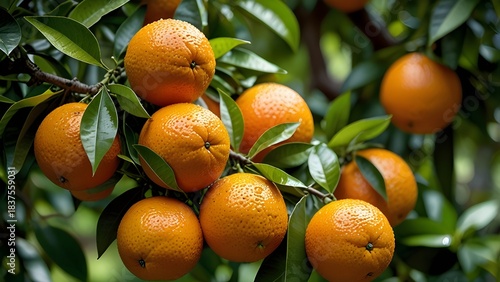A close-up of ripe oranges growing on a tree branch, surrounded by fresh green leaves
