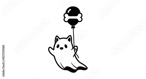 Whimsical Halloween Illustration of a Cute Ghost Cat Holding a Bone Balloon isolated