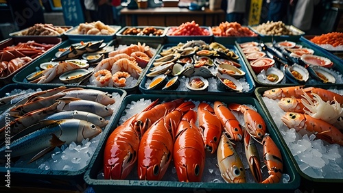 A traditional Japanese seafood market stall filled with fresh fish and seafood