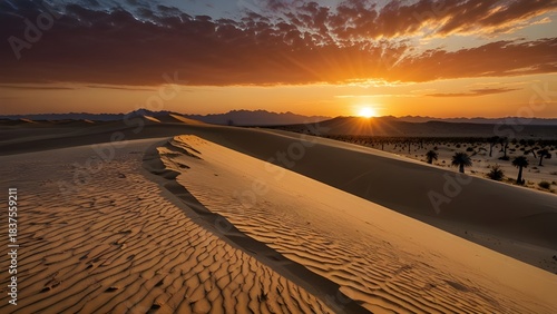 Sunset over a vast desert with sand dunes