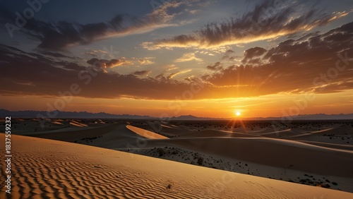 Sunset over a vast desert with sand dunes