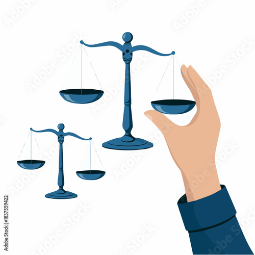 Scales of justice balance legal law concept with hand holding weights and equilibrium comparison illustration