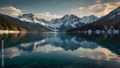 A pristine mountain lake surrounded by snow-capped peaks