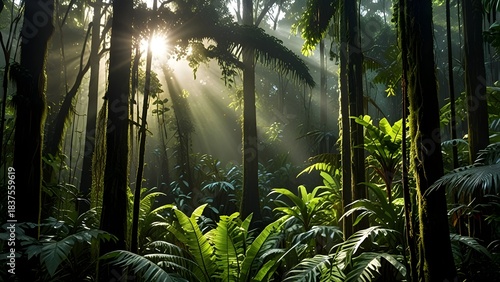 A dense rainforest with sunlight filtering through the trees