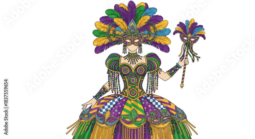 Mardi Gras Queen Elaborate Costume Detailed Illustration.