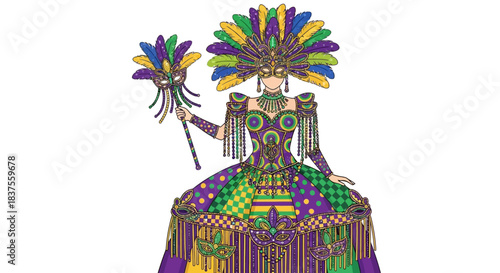 Elegant Mardi Gras Queen in Colorful Costume and Headdress.