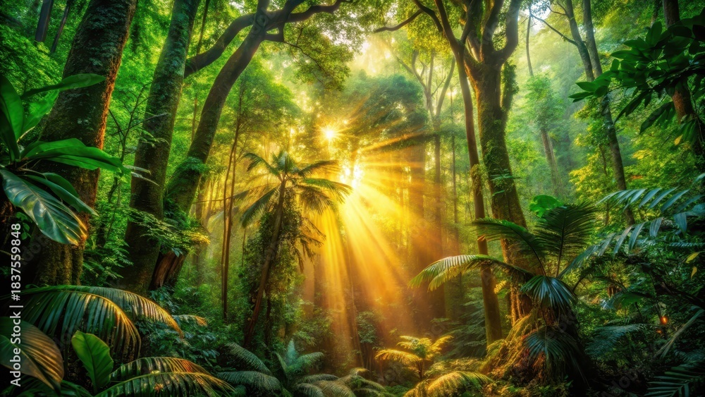 Obraz premium Golden Sunlight Illuminates Lush Rainforest Canopy, Beams Piercing Through Dense Foliage, Creating a Mystical Atmosphere