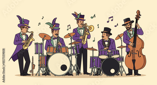 Mardi Gras Jazz Band Performing with Instruments and Festive Attire.