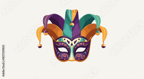 Colorful Jester Mask with Bells for Carnival Celebration.