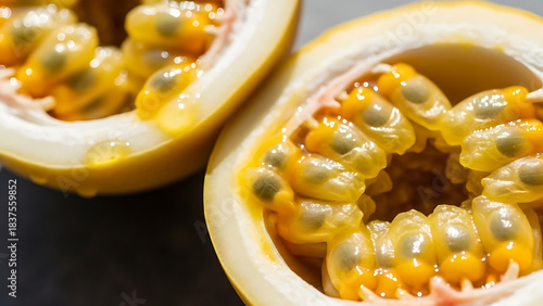 Close-up of a vibrant passion fruit halved, revealing its juicy yellow pulp and black seeds. Fresh and exotic tropical fruit ready to eat