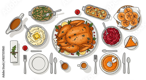 Festive Thanksgiving Feast: A Colorful Hand-Drawn Illustration of a Holiday Meal.