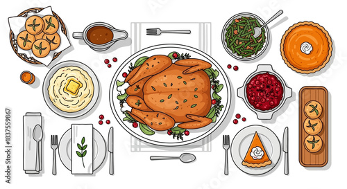 Illustrated Top Down View of a Traditional Thanksgiving Dinner Feast.