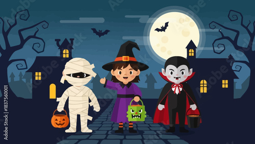 Halloween Trio: Mummy Witch and Vampire Ready for Trick-or-Treating.