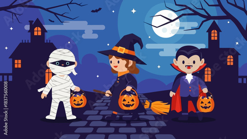 Halloween costumes trick or treating with pumpkin baskets and spooky night.