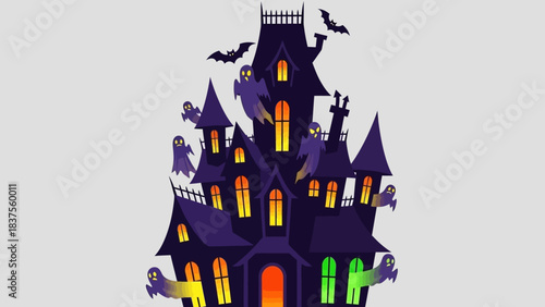 Spooky haunted house with flying ghosts and bats illustration.