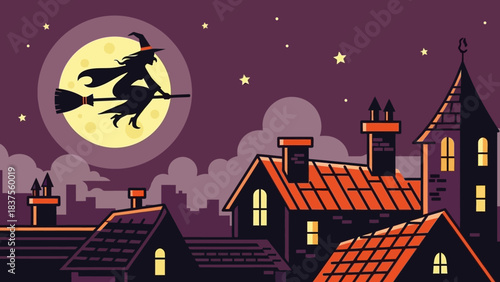 Silhouette of a Witch Flying on a Broomstick in the Night Sky.