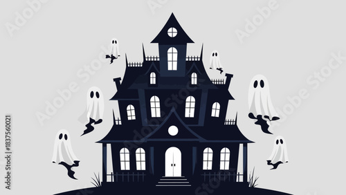 Spooky Haunted House with Ghosts Flying Around at Night.