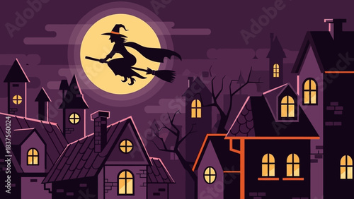 Witch silhouette flying on broomstick over spooky houses under full moon.