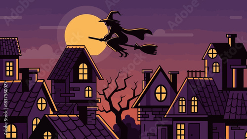 Witch flying on broomstick against full moon Halloween night.