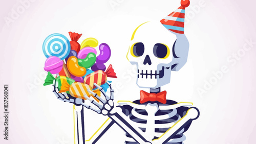 Skeleton wearing party hat holding a bouquet of colorful candies.