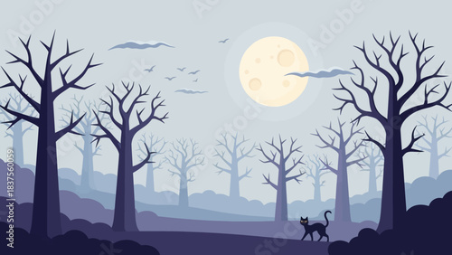 Black Cat Silhouetted Against a Full Moon in a Spooky Forest.