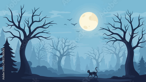 A black cat walks through a spooky forest under a full moon.