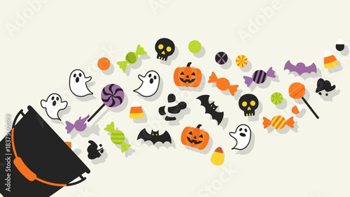 Halloween candy spilling from a trick or treat bucket.