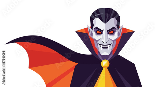 Sinister vampire portrait with sharp fangs and dark cape illustration.