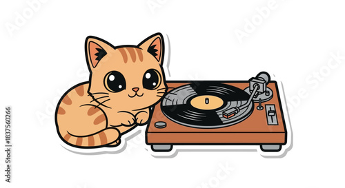 Adorable ginger kitten listening to vinyl record on a vintage turntable illustration