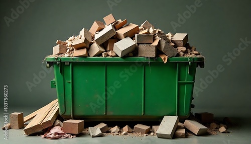 Green skip bin overflowing with construction debris. Old wooden planks concrete blocks and fabric waste fill the container. House renovation project in progress is happening,created with generative ai