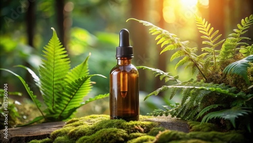 Amber bottle of essential oil nestled in a lush forest setting, bathed in sunlight, showcasing nature's essence and tranquility.