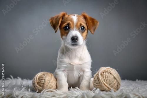 Adorable Puppy Posing Calmly Amidst Soft Yarn Balls on a Fluffy Surface