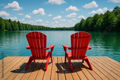 Two Brightly Colored Red Chairs on a Wooden Dock Overlooking a Serene Lake Surrounded by Lush Green Trees and a Clear Blue Sky with Fluffy Clouds