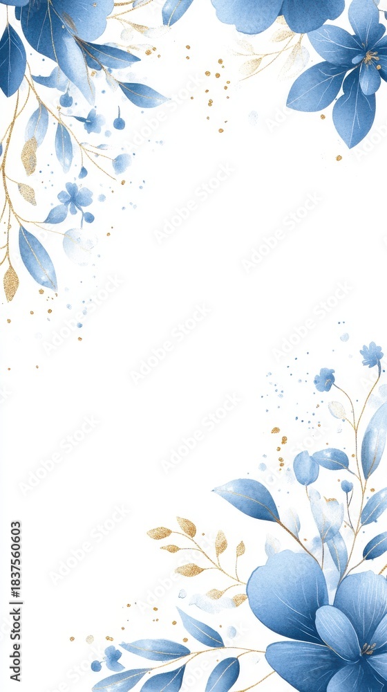 Obraz premium A graceful botanical invitation template with soft watercolor-painted leaves, subtle golden line-art detailing,
