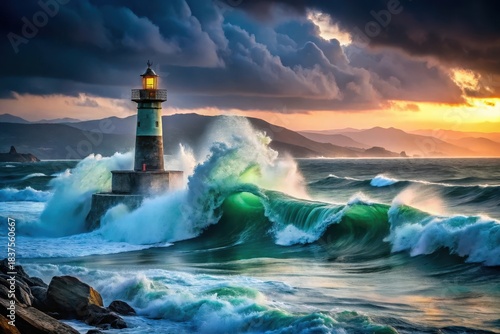 Lighthouse Beacon Illuminates Dramatic Ocean Waves During a Fierce Coastal Storm at Sunset
