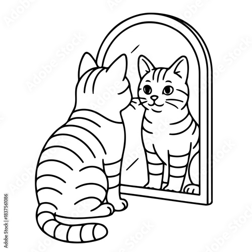 Cat contemplating in Mirror: A curious kitten gazes intently at its reflection, captured in a simple and charming illustration, sparking contemplation. 