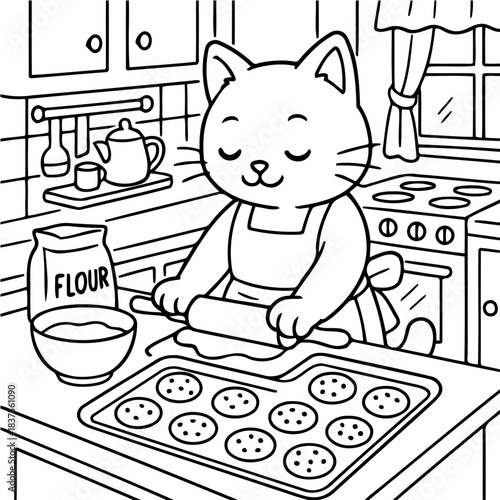 Cat Baking Delight: A charming illustrated cat wearing an apron happily prepares cookies in a cozy kitchen setting. The scene evokes warmth and the joy of baking.