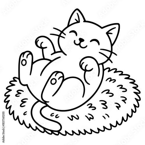 Cozy Kitten's Cuddle: A charming cartoon kitten lies on its back, radiating pure bliss, nestled on a soft, fluffy surface, inviting viewers into a world of comfort and joy.